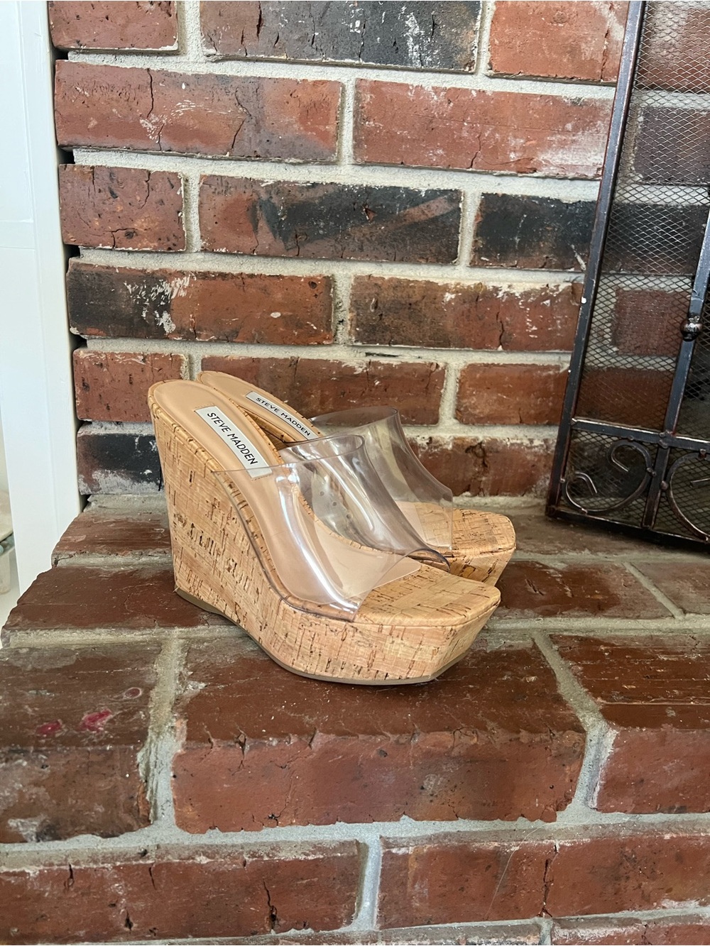 Steve Madden Cork Platform Wedge Sandals with Clear Straps - Natural